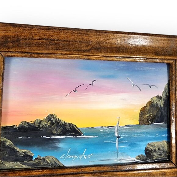 Vintage Daniel Blanquet Mexican Miniature Oil Painting Sailboat Seagulls Sunset - Picture 2 of 5
